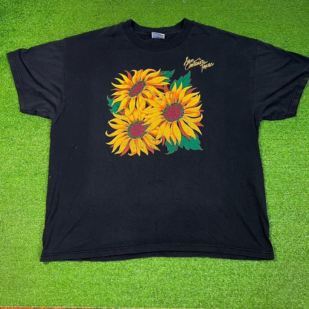 Vintage Y2K Sunflower Shirt XL Black Fader San Antonio Texas Yellow 90s‎